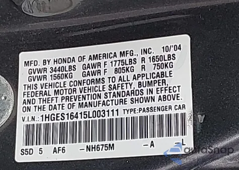 2005 Honda Civic Vp from USA, damaged, VIN 1HGES16415L003111